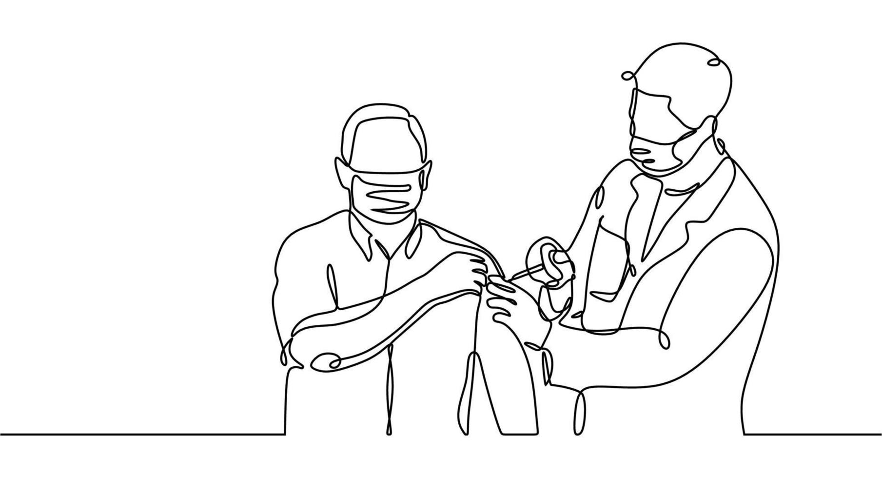 One continuous line of A Doctor injecting vaccine to a man. vector