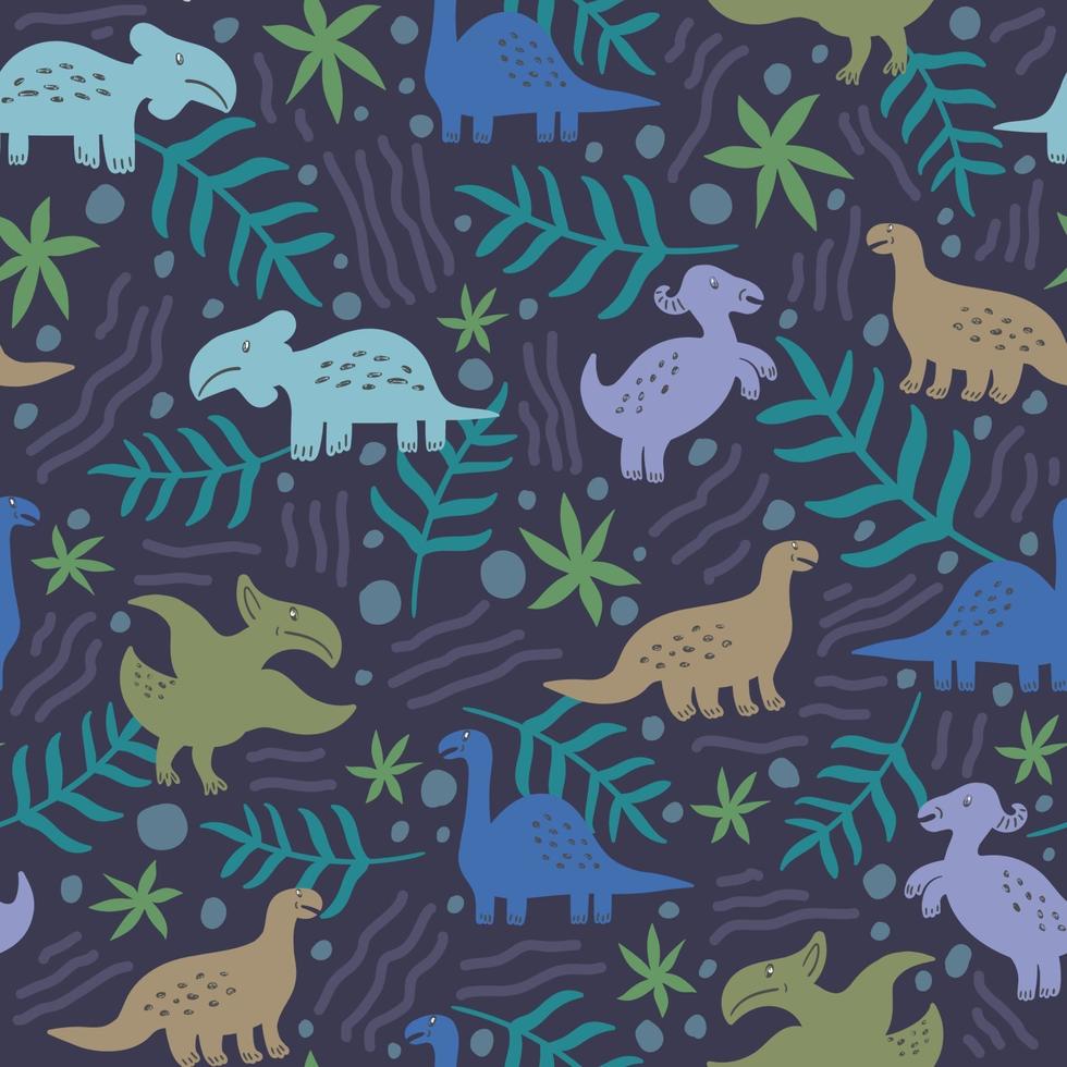 Seamless pattern of cute dinosaurs and floral vector