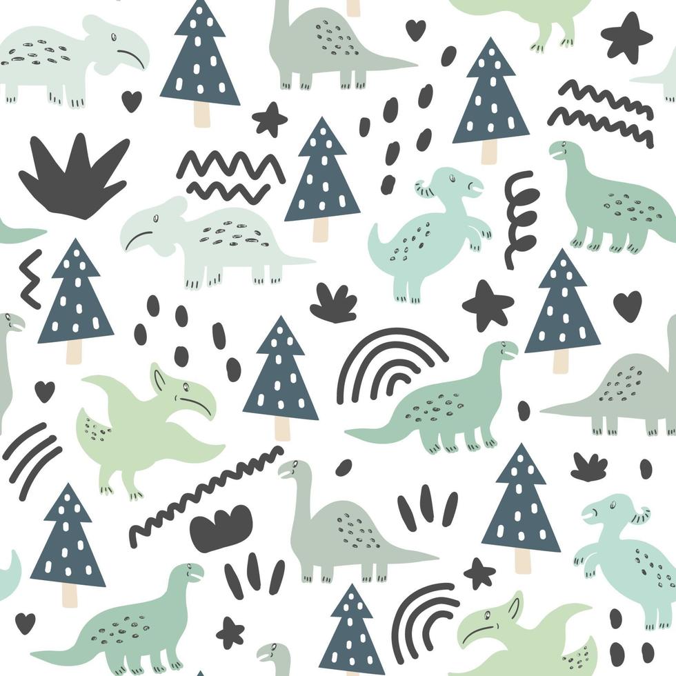 Seamless pattern of cute dinosaurs and floral vector
