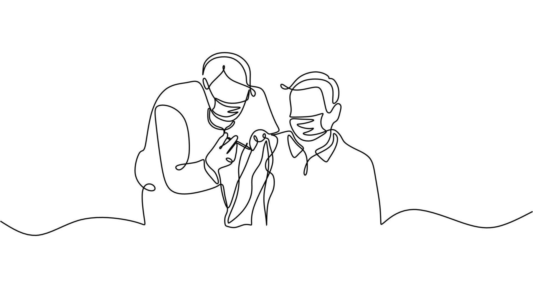 One continuous line of a male doctor injecting vaccine to a man vector