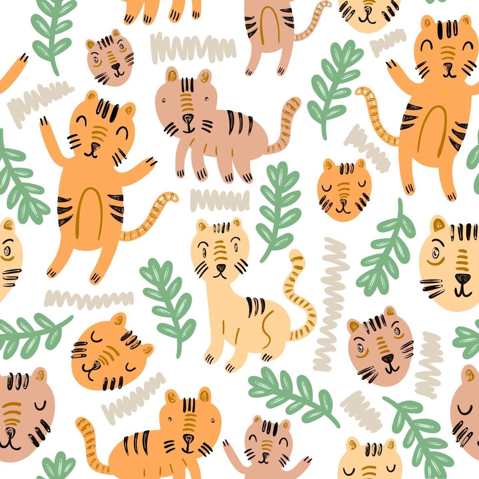 Seamless pattern of cute cat and floral ornament vector