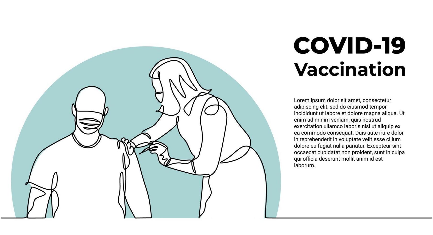 One continuous line of a female doctor injecting vaccine to a man vector