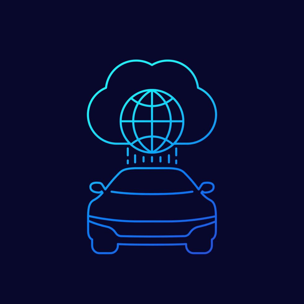 Coche autónomo, conectado al icono lineal de la nube. vector