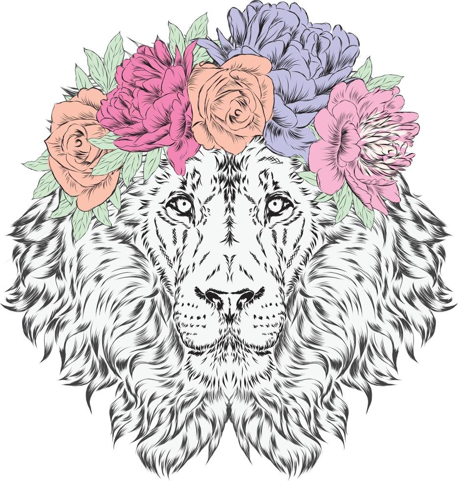 Beautiful lion in a flower wreath vector