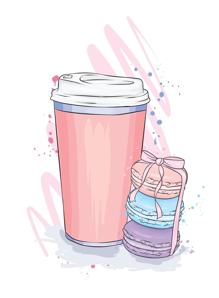 Large glass of coffee and beautiful cakes vector