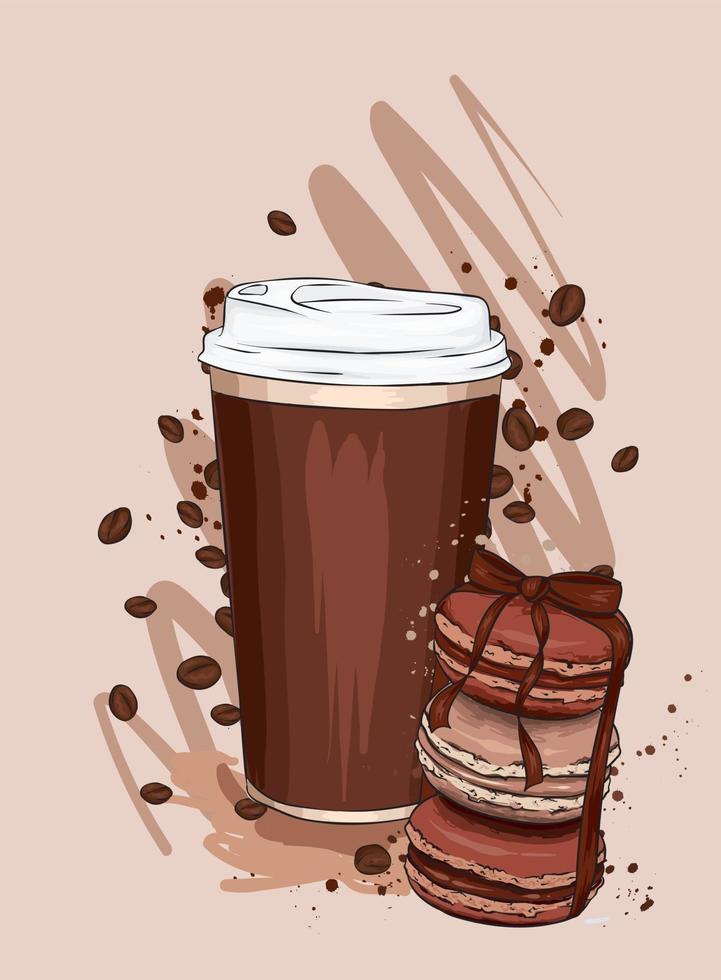 Large glass of coffee and beautiful cakes vector