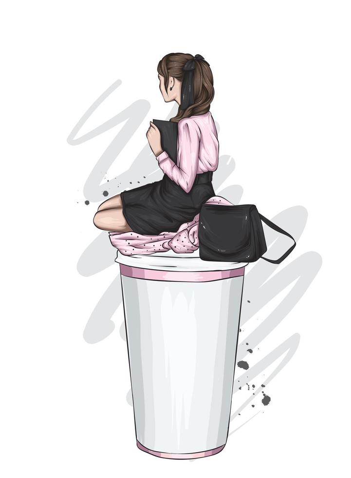 Beautiful girl in stylish clothes and a glass of coffee vector