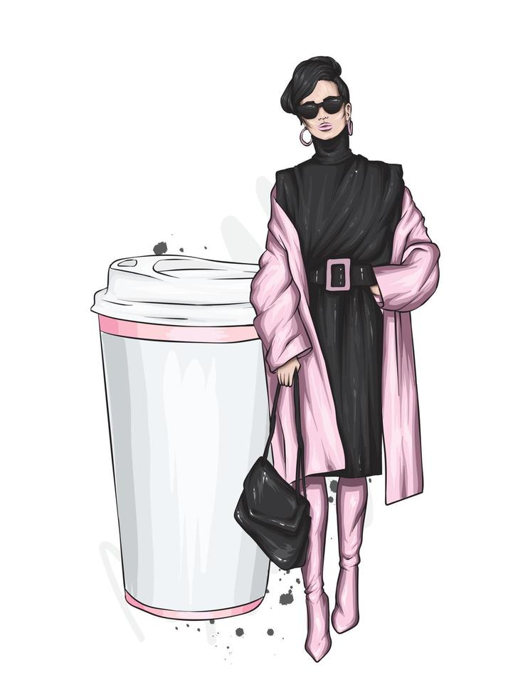 Beautiful girl in stylish clothes and a glass of coffee vector