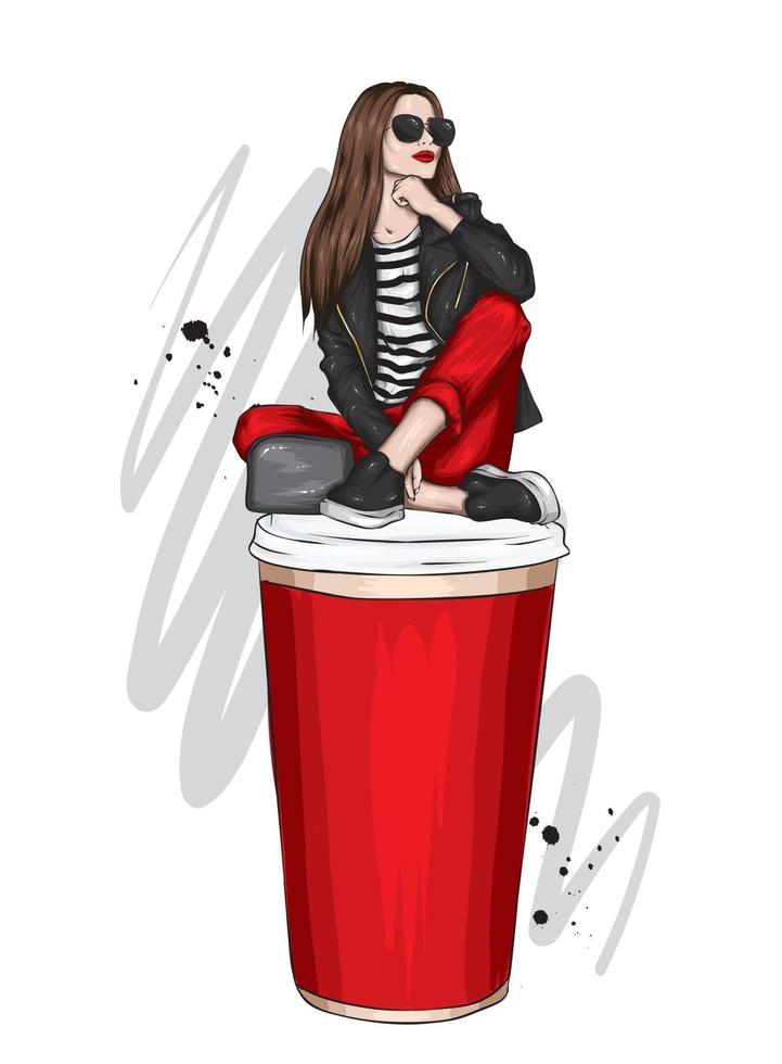 Beautiful girl in stylish clothes and a glass of coffee vector