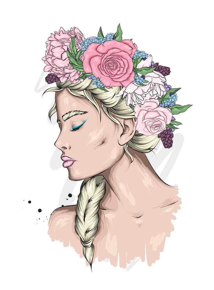 Beautiful girl in a flower wreath vector