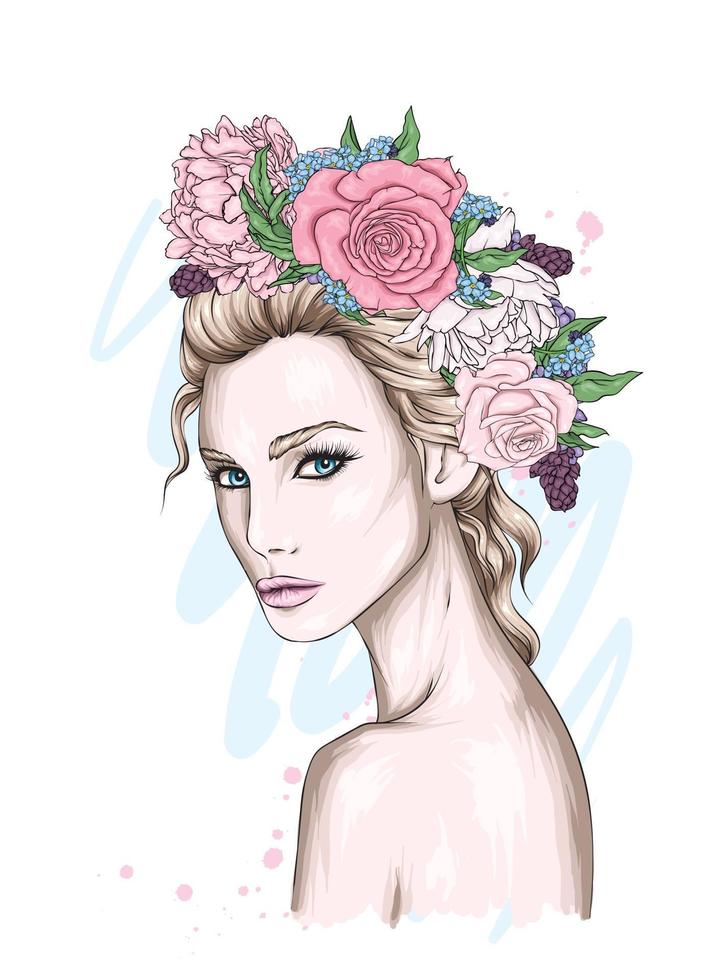 Beautiful girl in a flower wreath vector