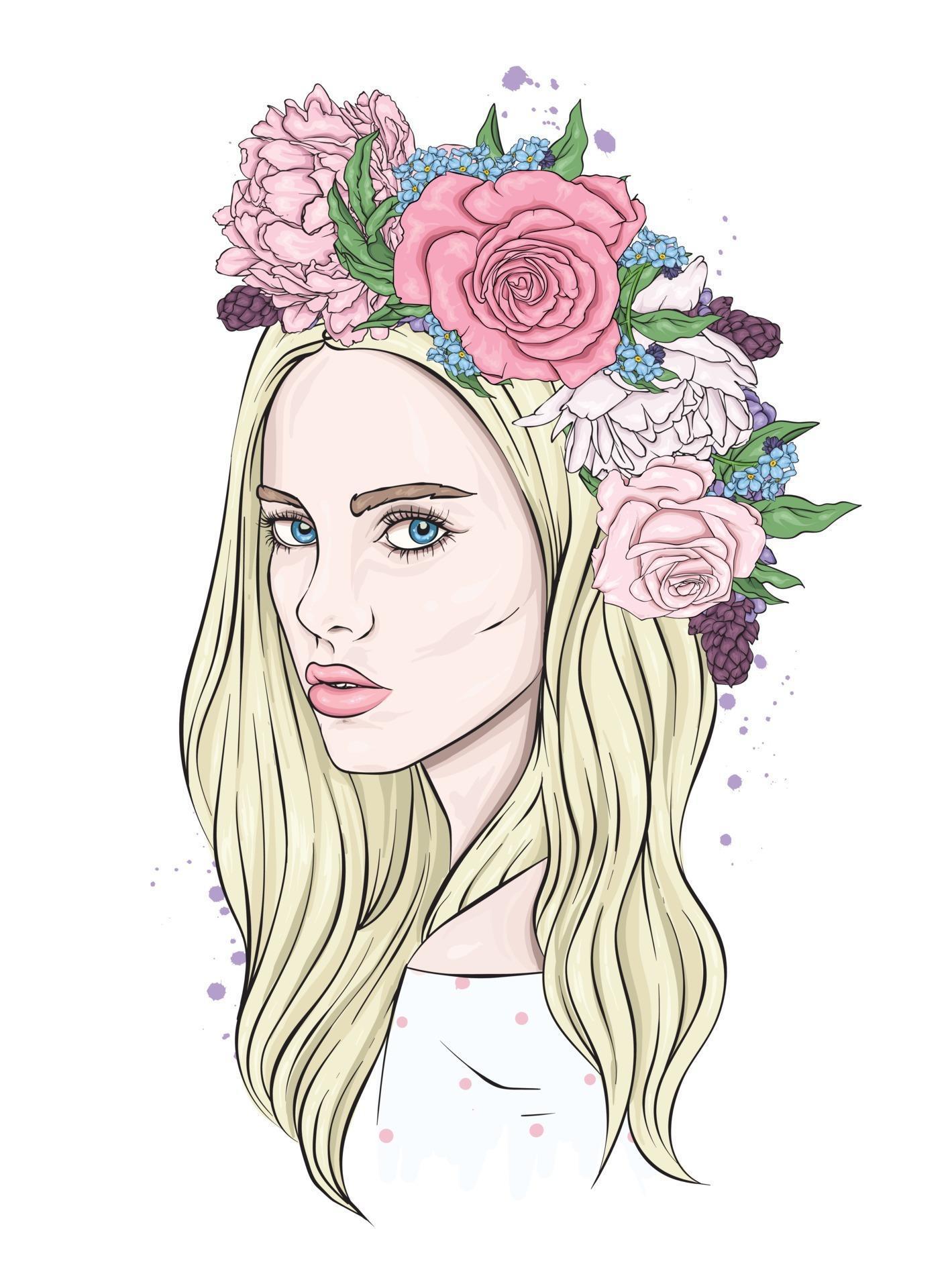 Download Beautiful girl in a flower wreath 3042689 Vector Art at Vecteezy