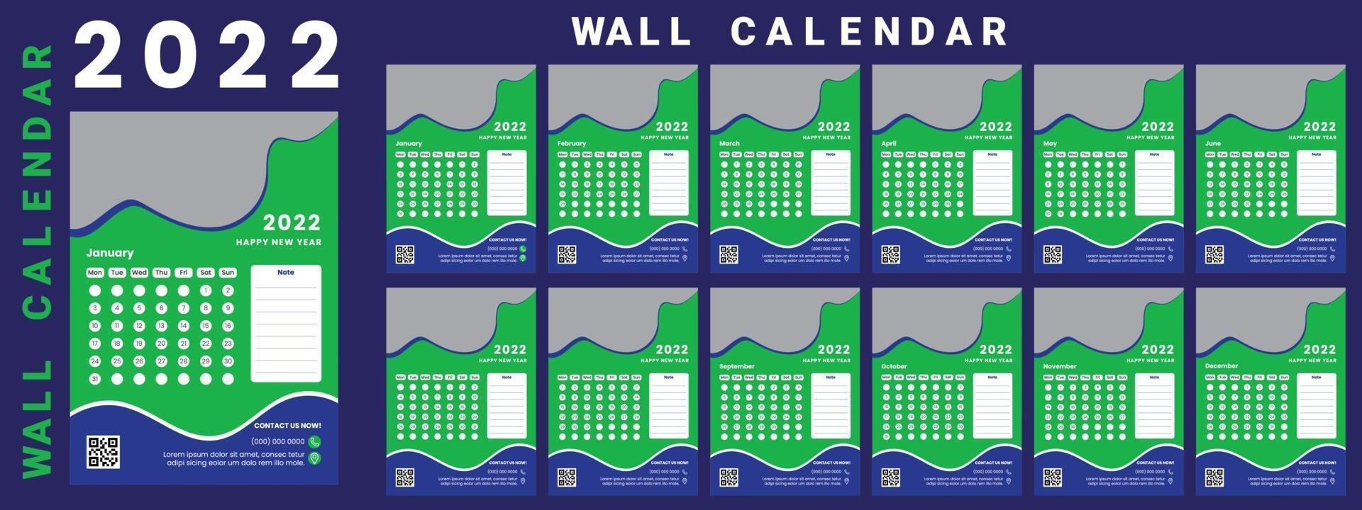 Wall Calendar 2022 week start Monday corporate design template vector