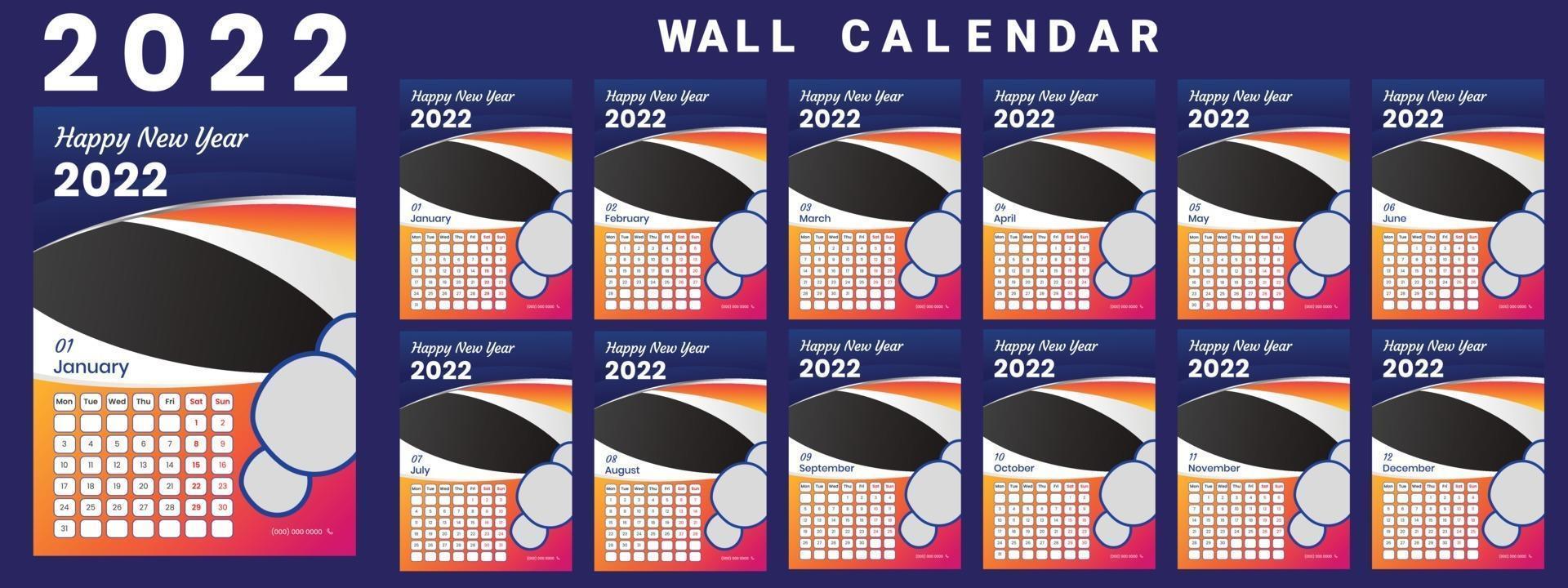 Wall Calendar 2022 week start Monday corporate design template vector