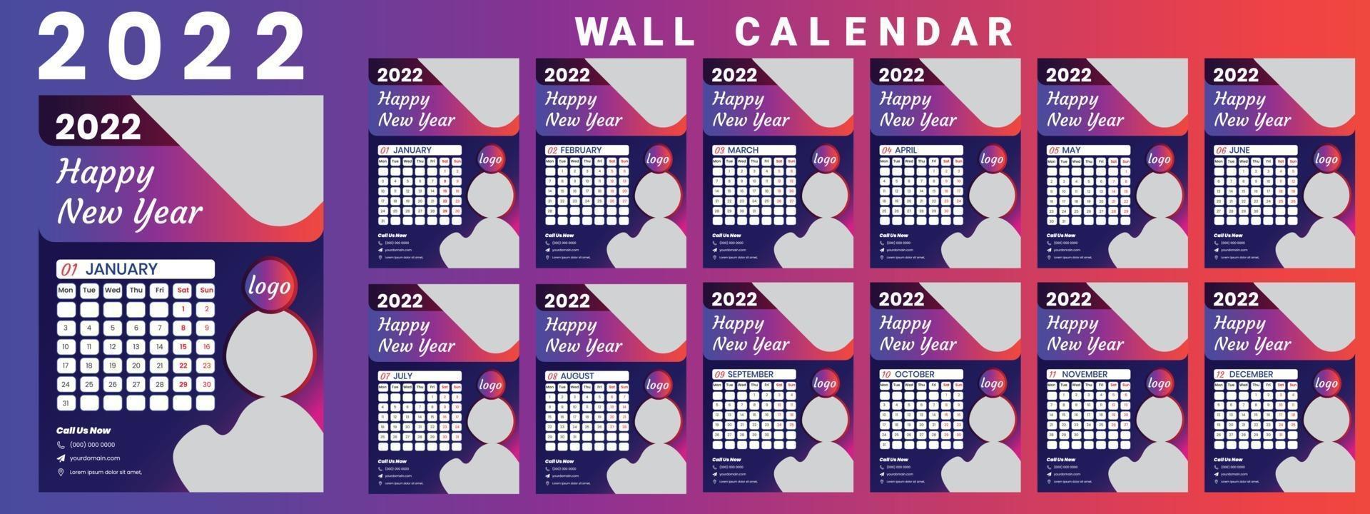 Wall Calendar 2022 week start Monday corporate design template vector