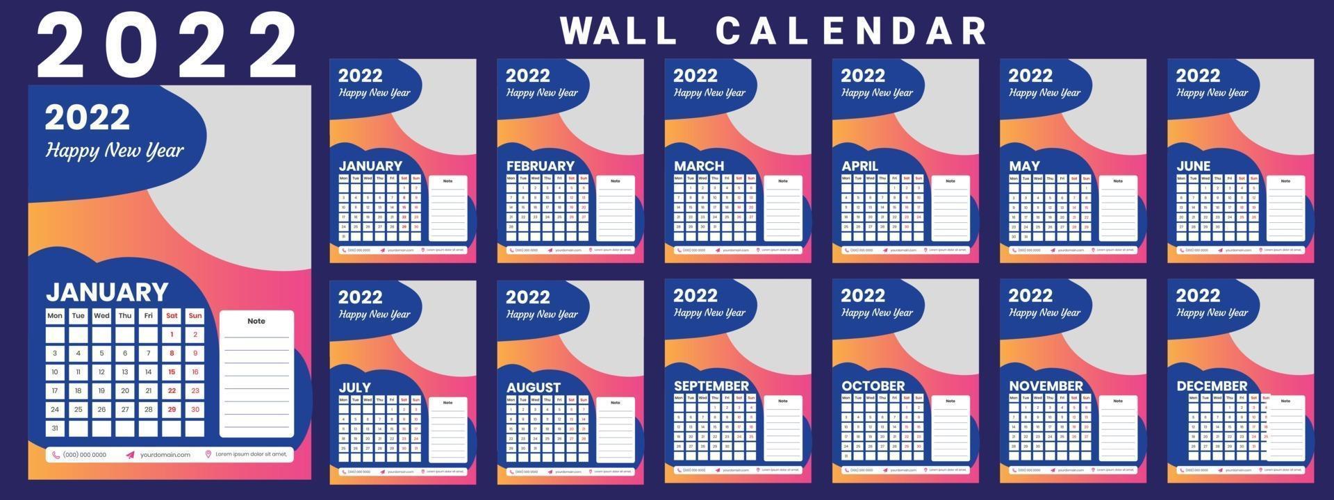 Wall Calendar 2022 week start Monday corporate design template vector