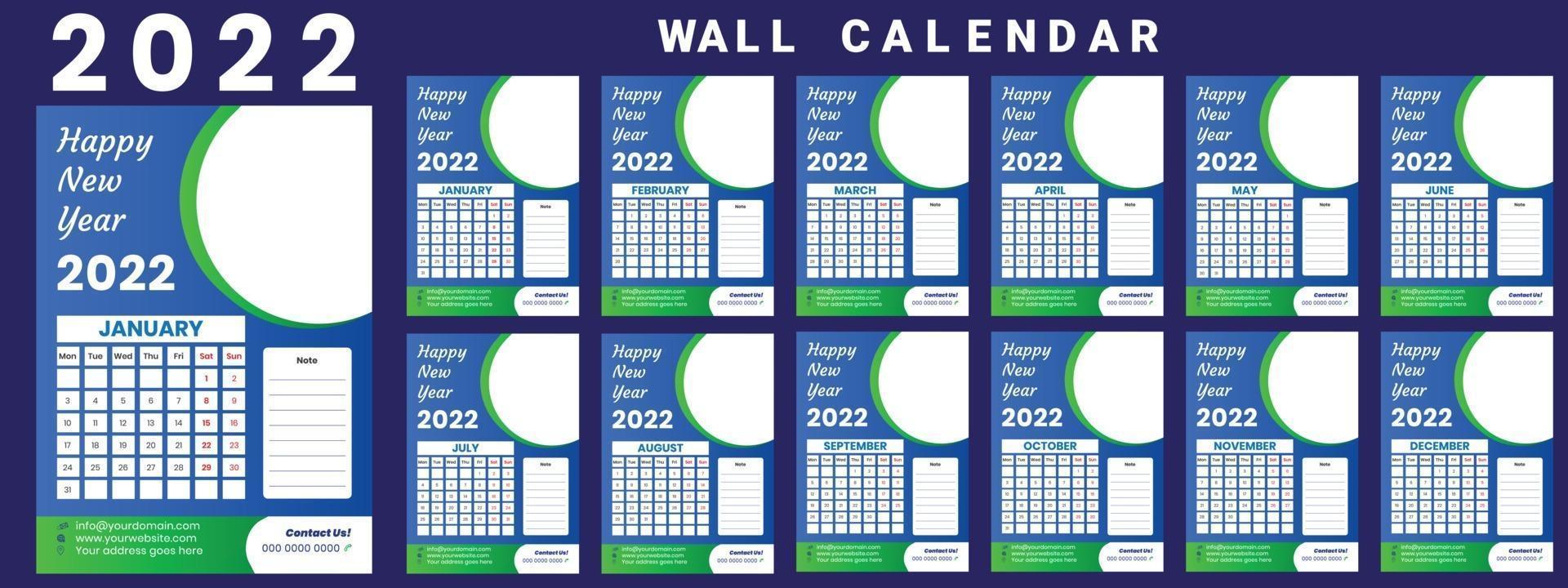 Wall Calendar 2022 week start Monday corporate design template vector