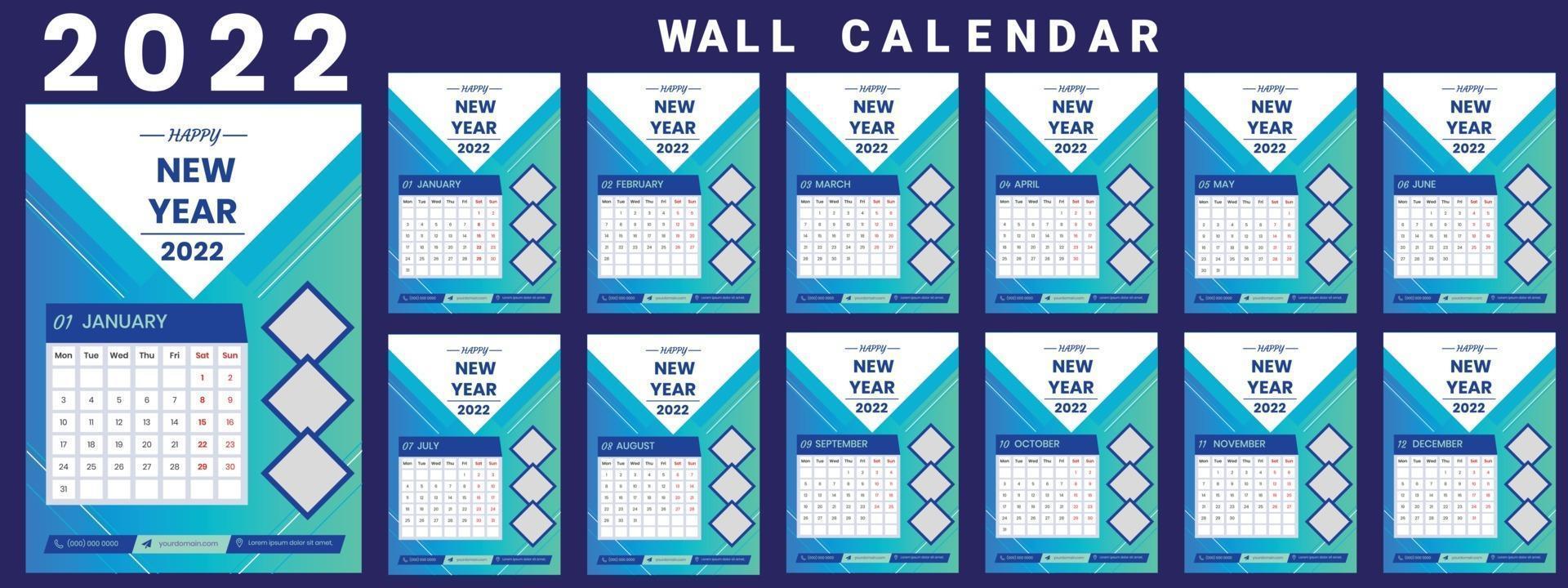 Wall Calendar 2022 week start Monday corporate design template vector