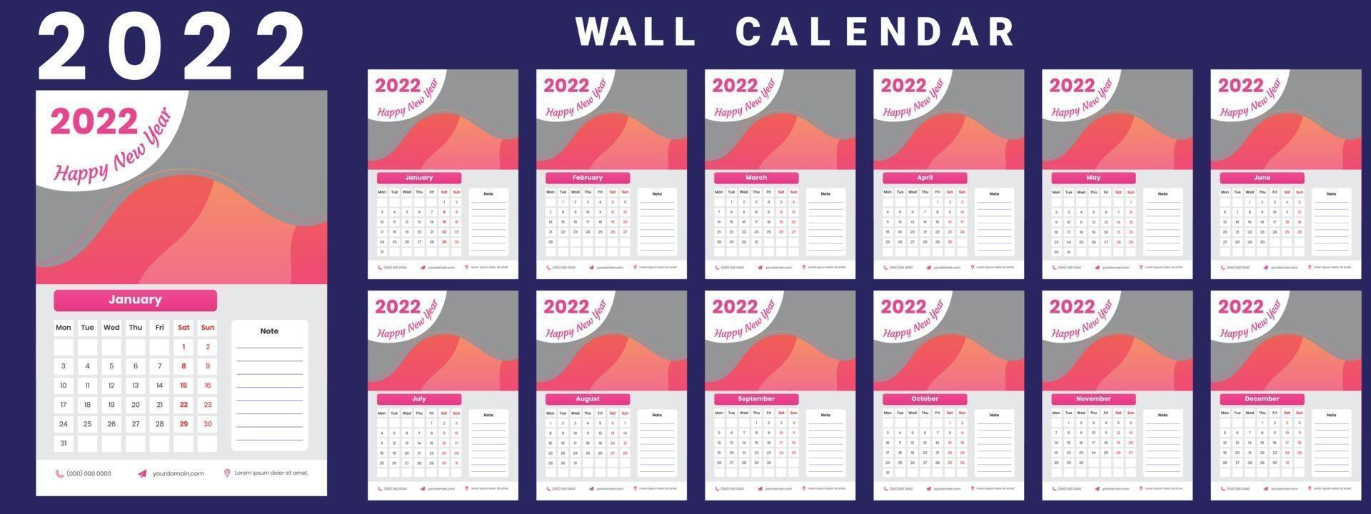 calendario de pared 2022 semana inicio lunes diseño corporativo plantilla vector