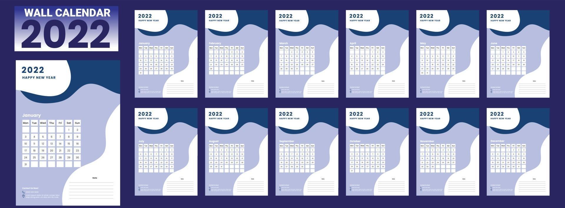 Wall Calendar 2022 week start Monday corporate design template vector