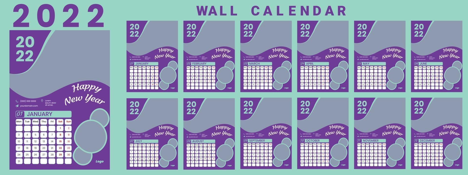 Wall Calendar 2022 week start Monday corporate design template vector