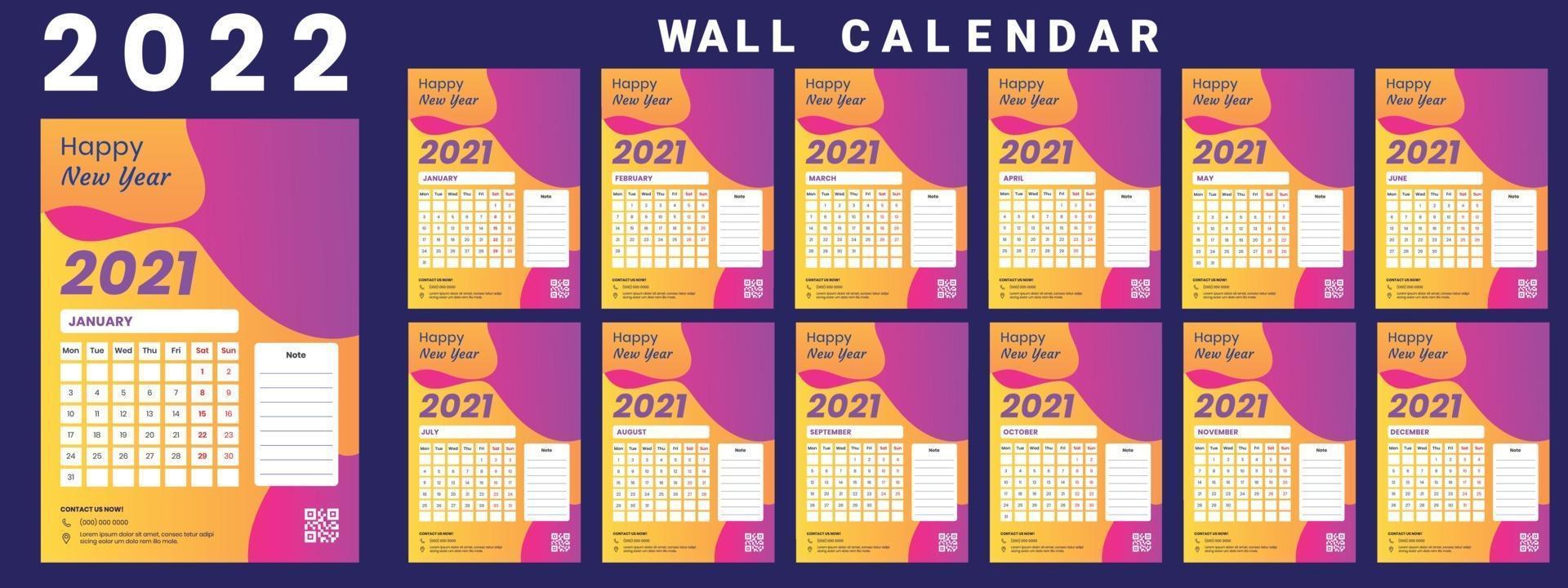 Wall Calendar 2022 week start Monday corporate design template vector