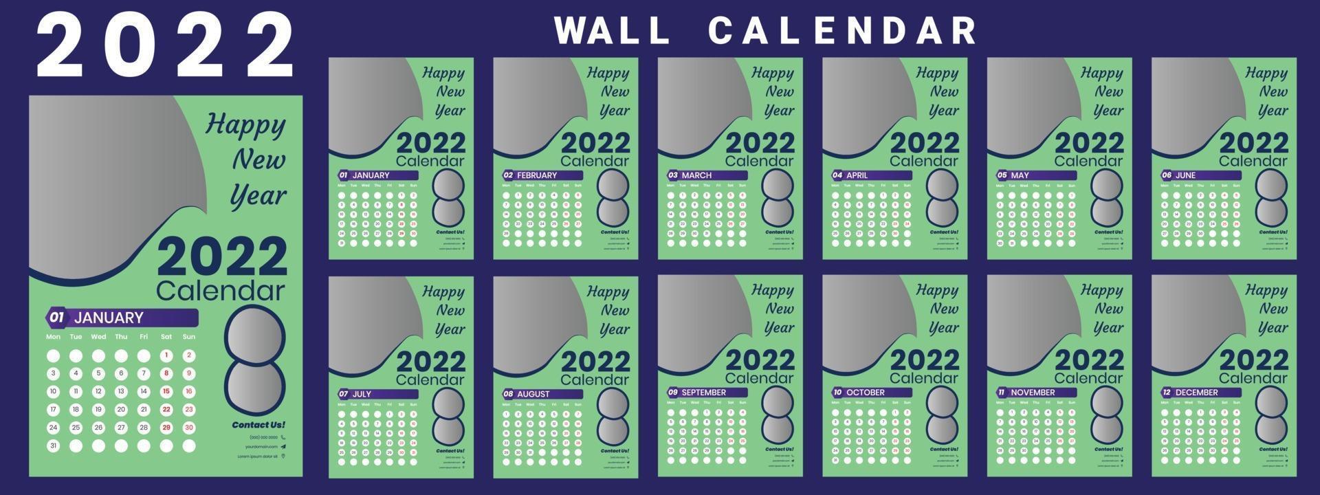 Wall Calendar 2022 week start Monday corporate design template vector