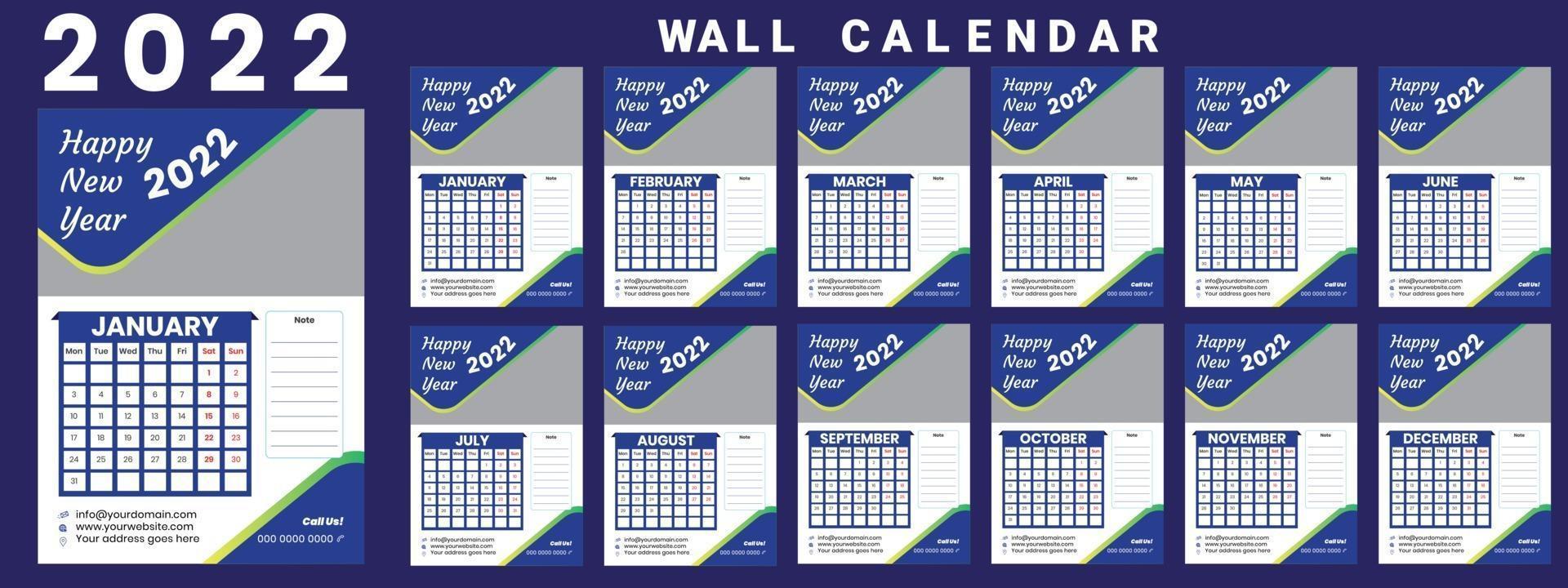Wall Calendar 2022 week start Monday corporate design template vector