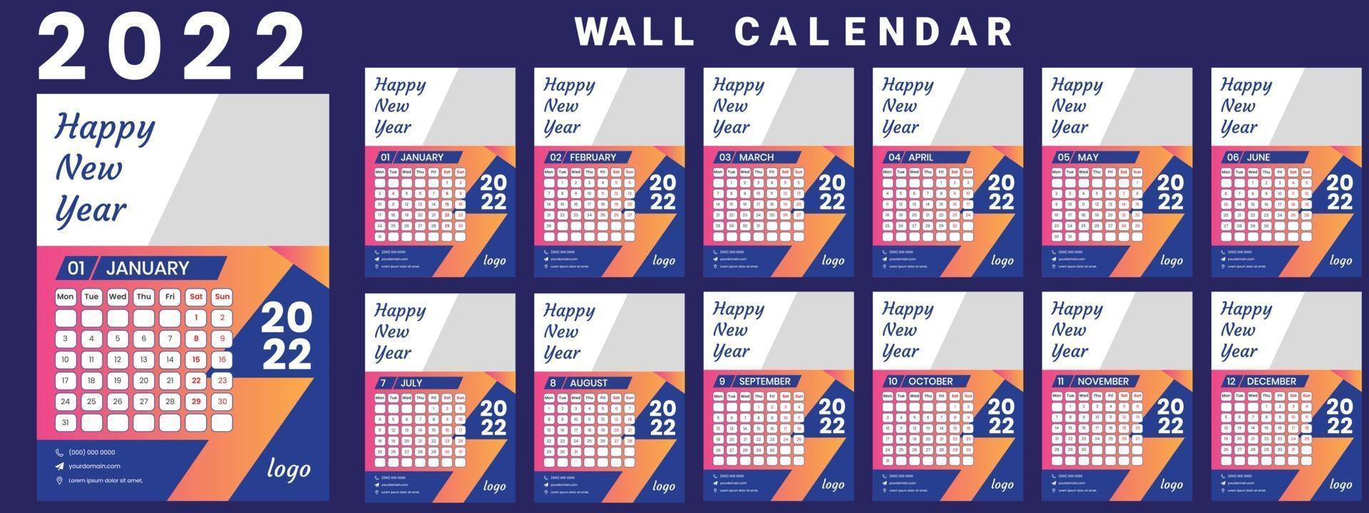 Wall Calendar 2022 week start Monday corporate design template vector