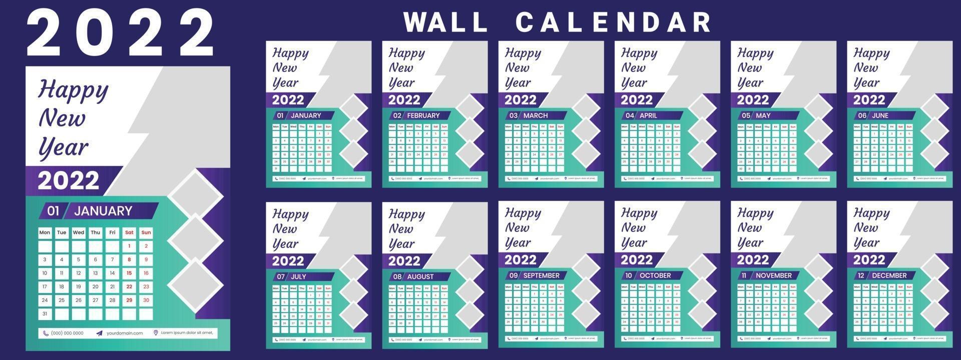 Wall Calendar 2022 week start Monday corporate design template vector