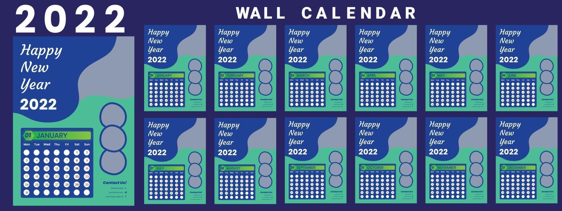 Wall Calendar 2022 week start Monday corporate design template vector