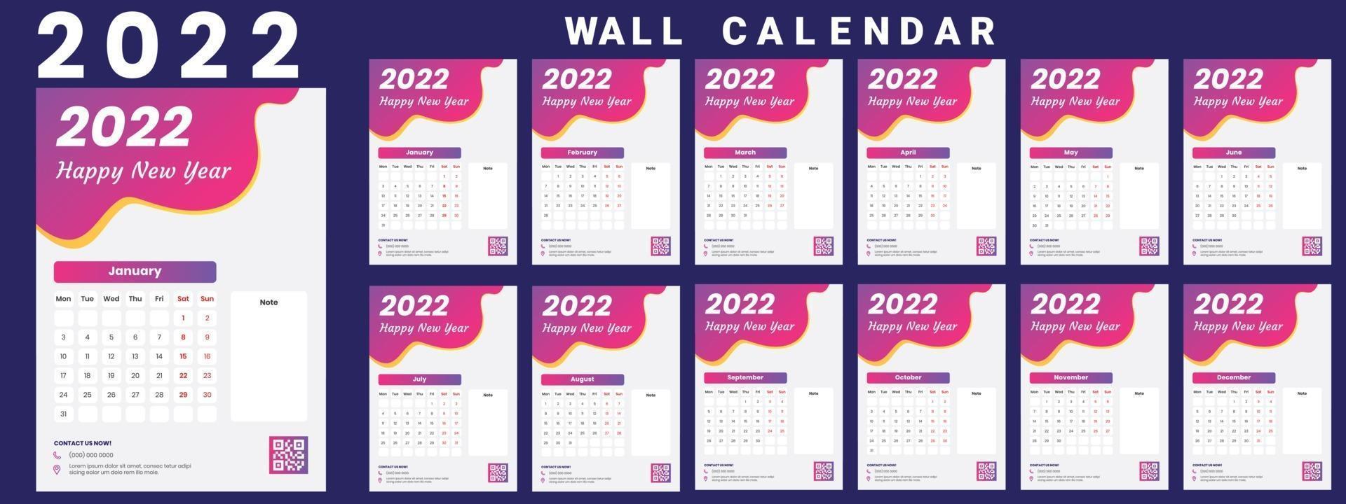 Wall Calendar 2022 week start Monday corporate design template vector