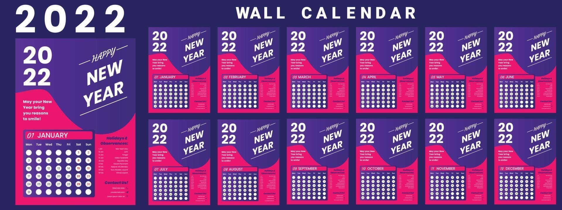 Wall Calendar 2022 week start Monday corporate design template vector