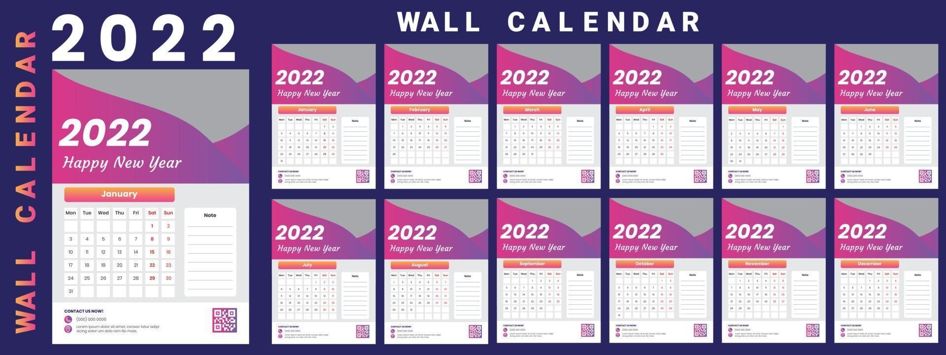 Wall Calendar 2022 week start Monday corporate design template vector