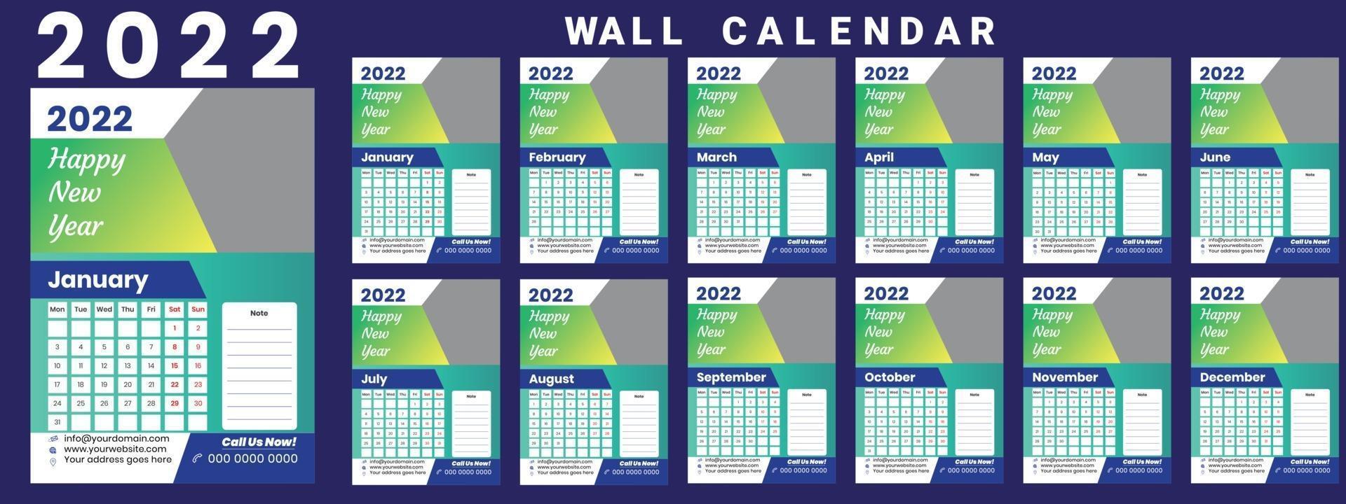 Wall Calendar 2022 week start Monday corporate design template vector
