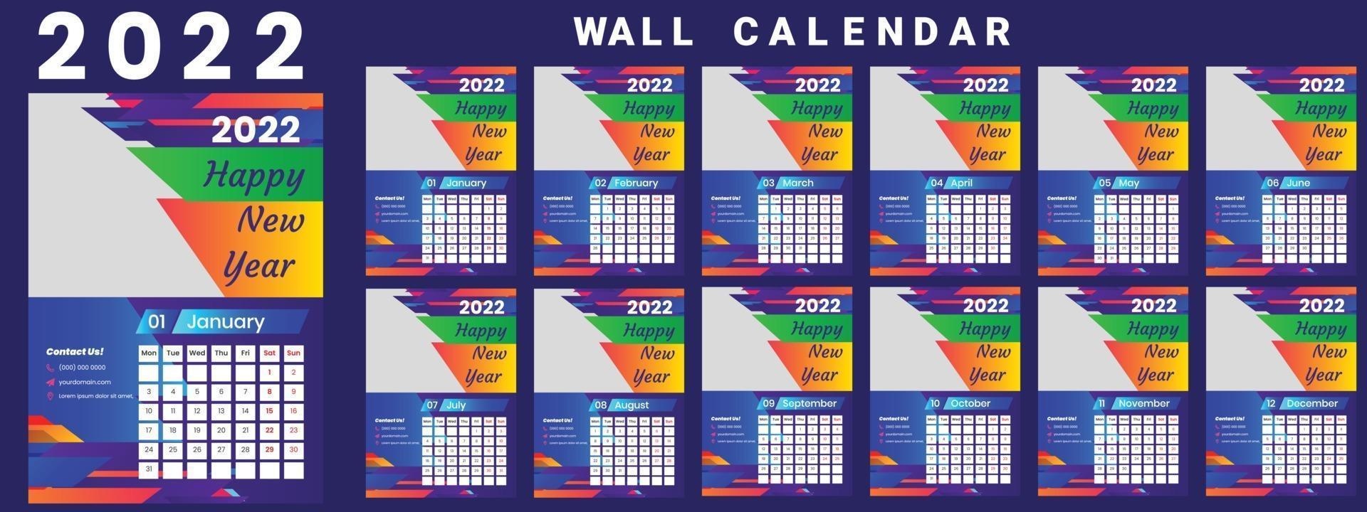 Wall Calendar 2022 week start Monday corporate design template vector