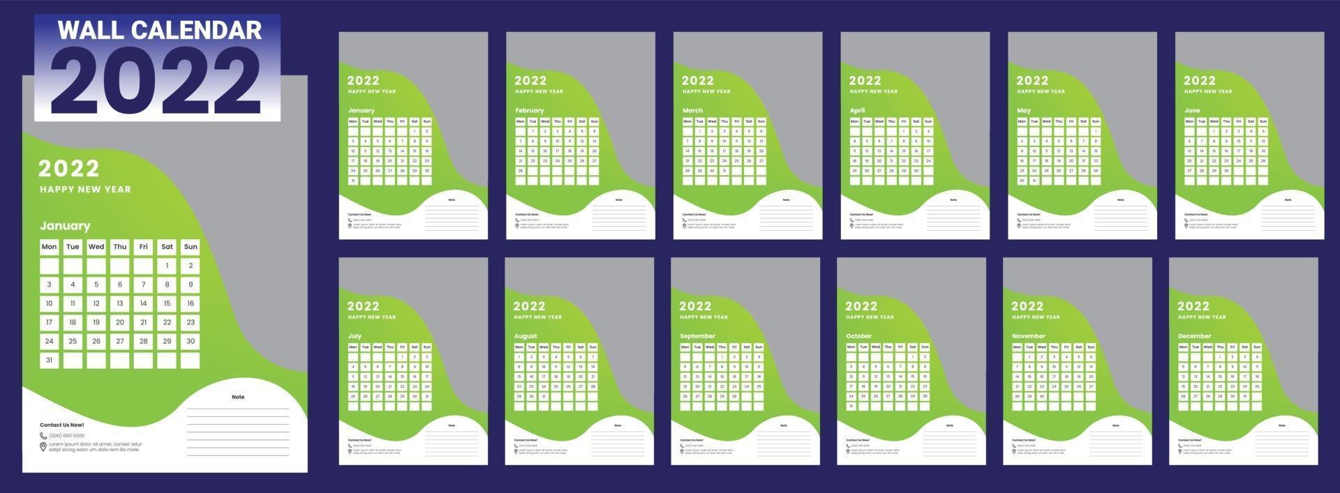 Wall Calendar 2022 week start Monday corporate design template vector
