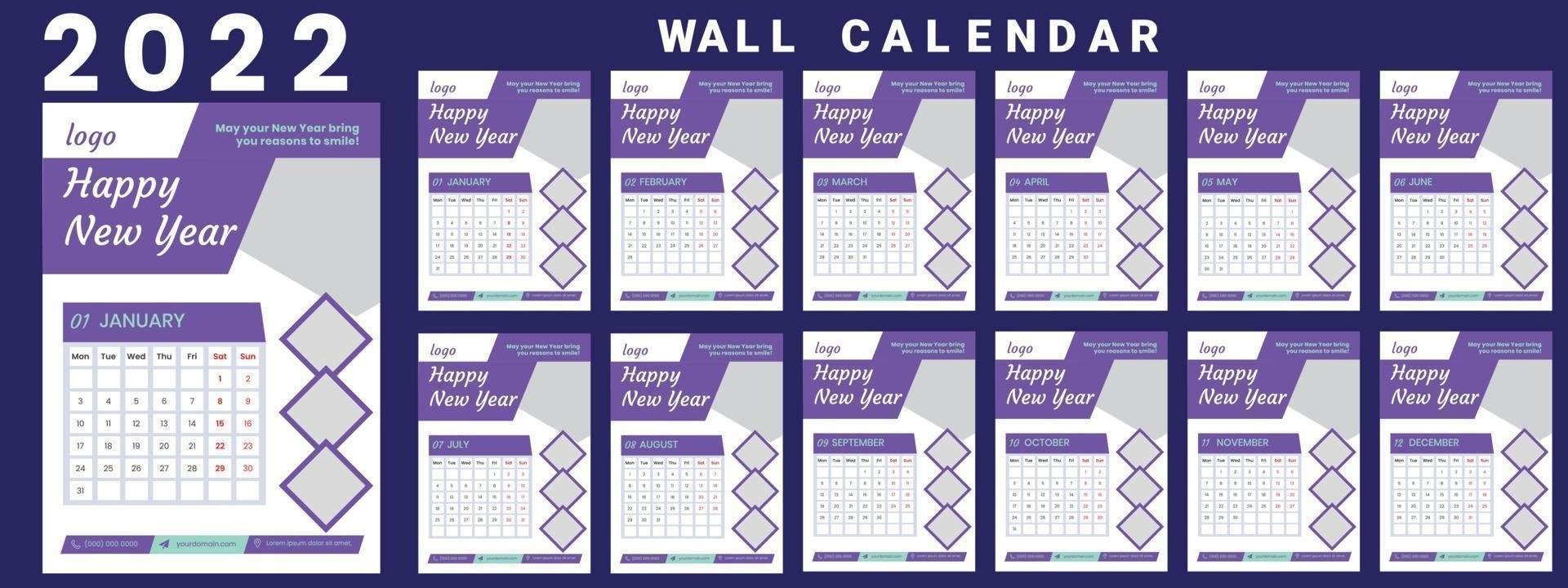 Wall Calendar 2022 week start Monday corporate design template vector
