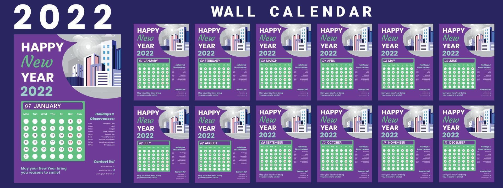 Wall Calendar 2022 week start Monday corporate design template vector