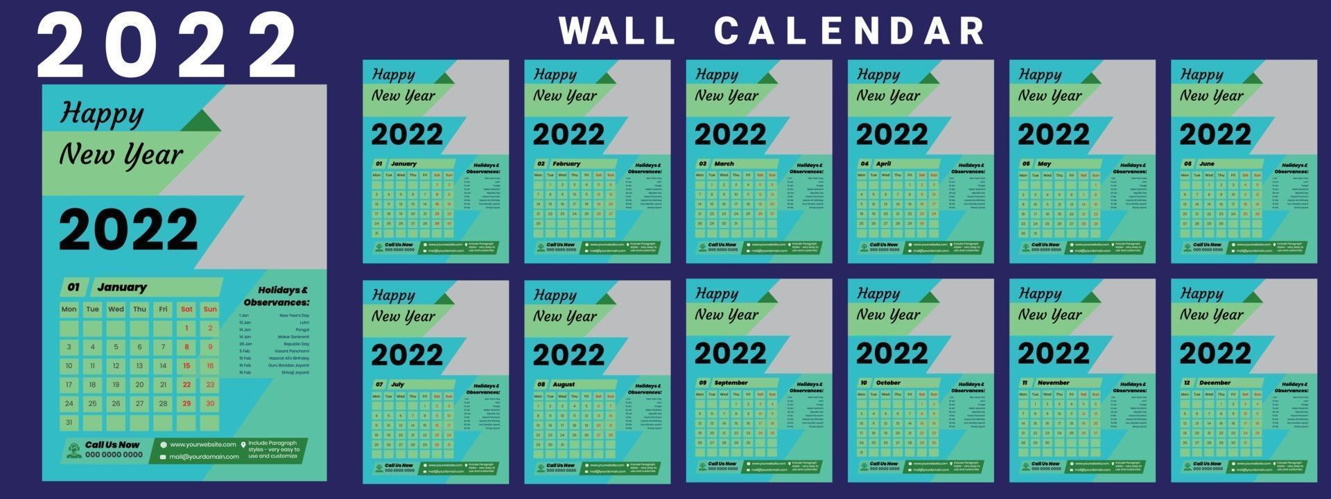 Wall Calendar 2022 week start Monday corporate design template vector