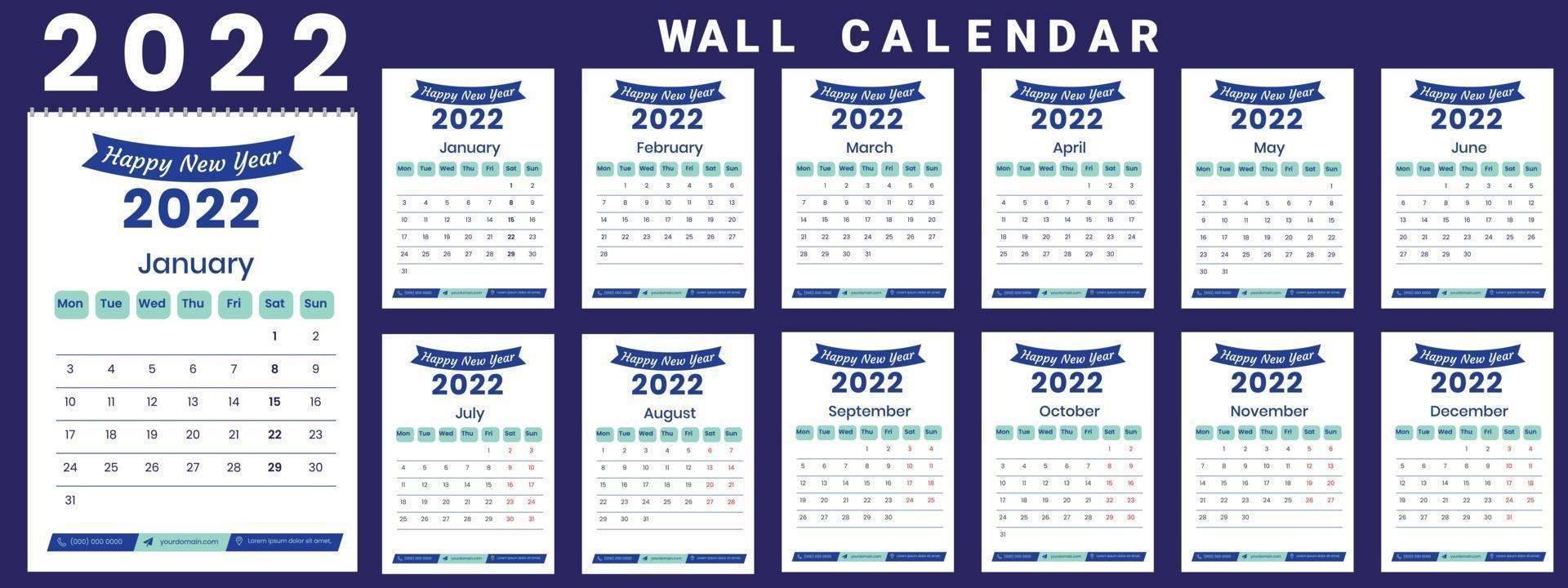 Wall Calendar 2022 week start Monday corporate design template vector