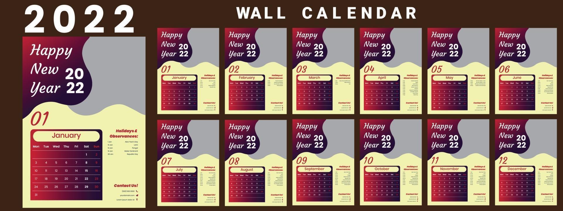 Wall Calendar 2022 week start Monday corporate design template vector