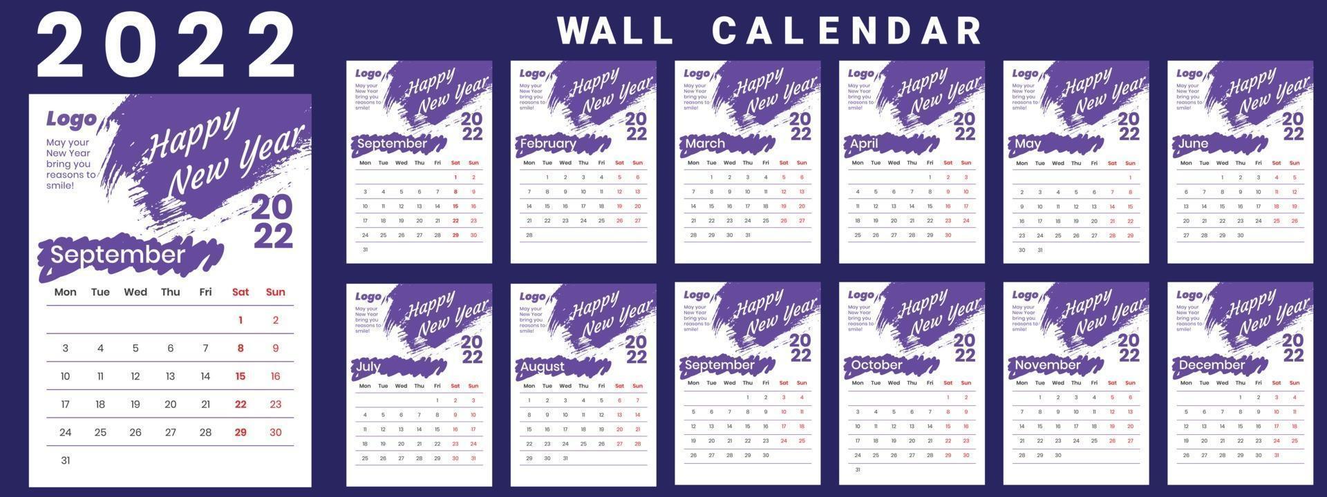 Wall Calendar 2022 week start Monday corporate design template vector