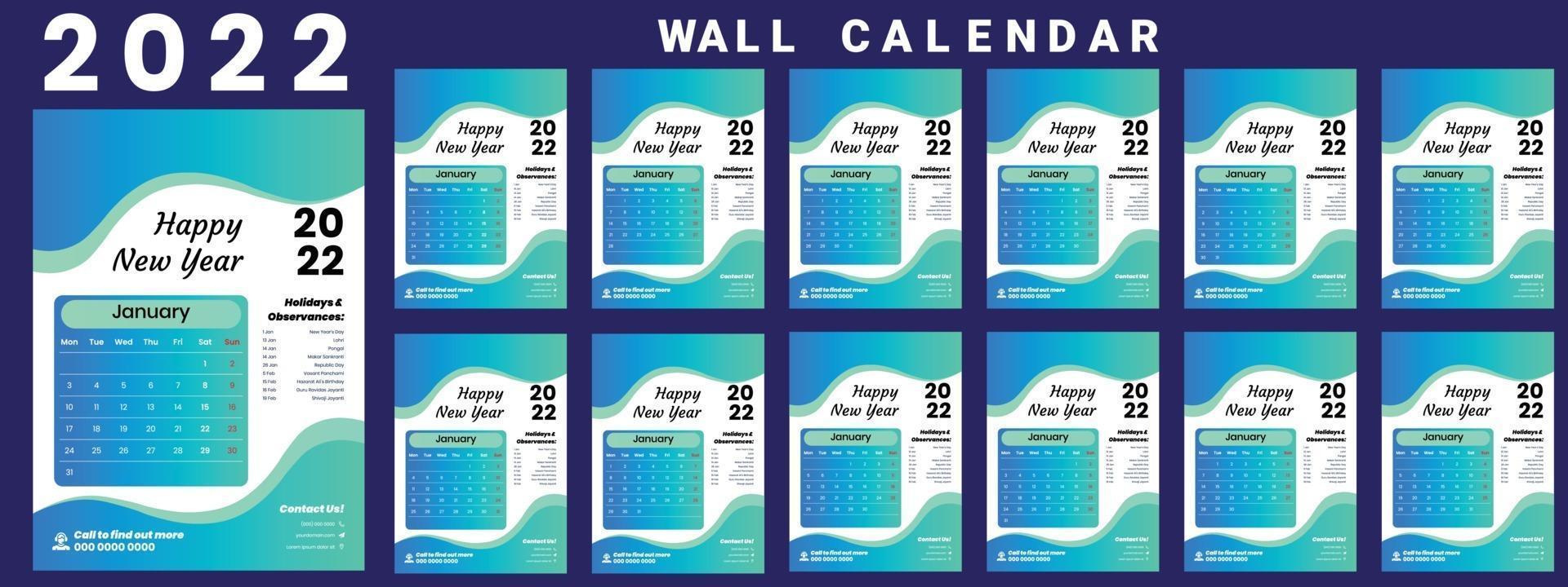 calendario de pared 2022 semana inicio lunes diseño corporativo plantilla vector