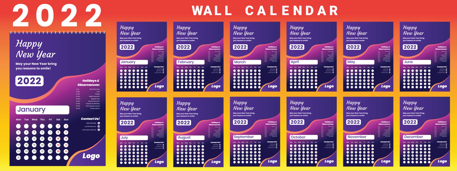 Wall Calendar 2022 week start Monday corporate design template vector