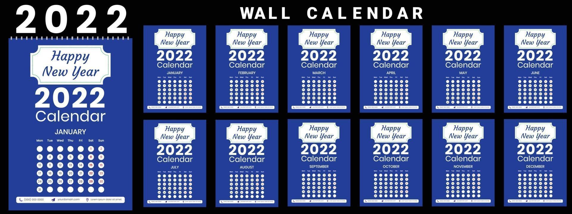 Wall Calendar 2022 week start Monday corporate design template vector
