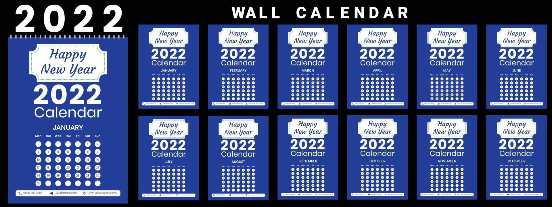 calendario de pared 2022 semana inicio lunes diseño corporativo plantilla vector