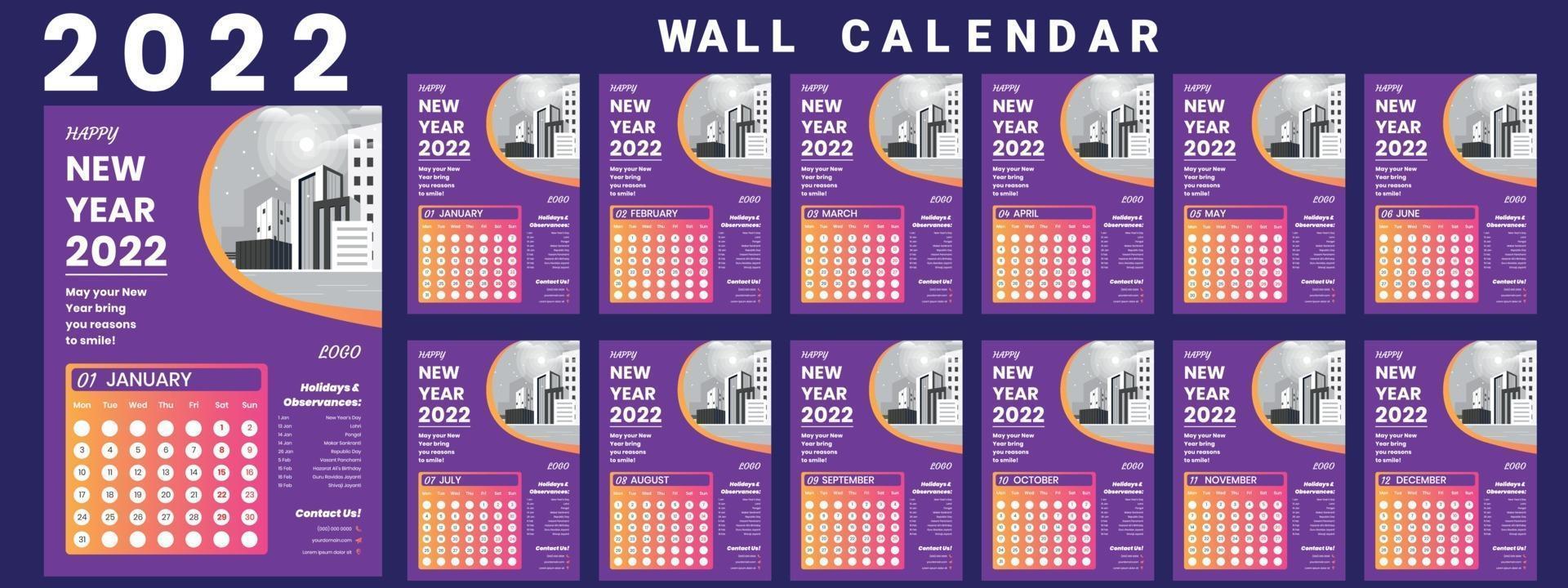 Wall Calendar 2022 week start Monday corporate design template vector