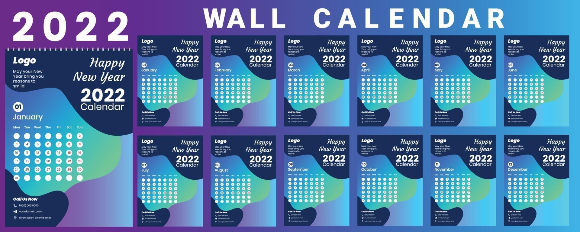 Wall Calendar 2022 week start Monday corporate design template vector