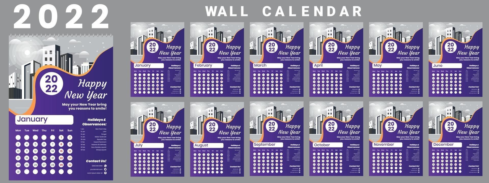 Wall Calendar 2022 week start Monday corporate design template vector